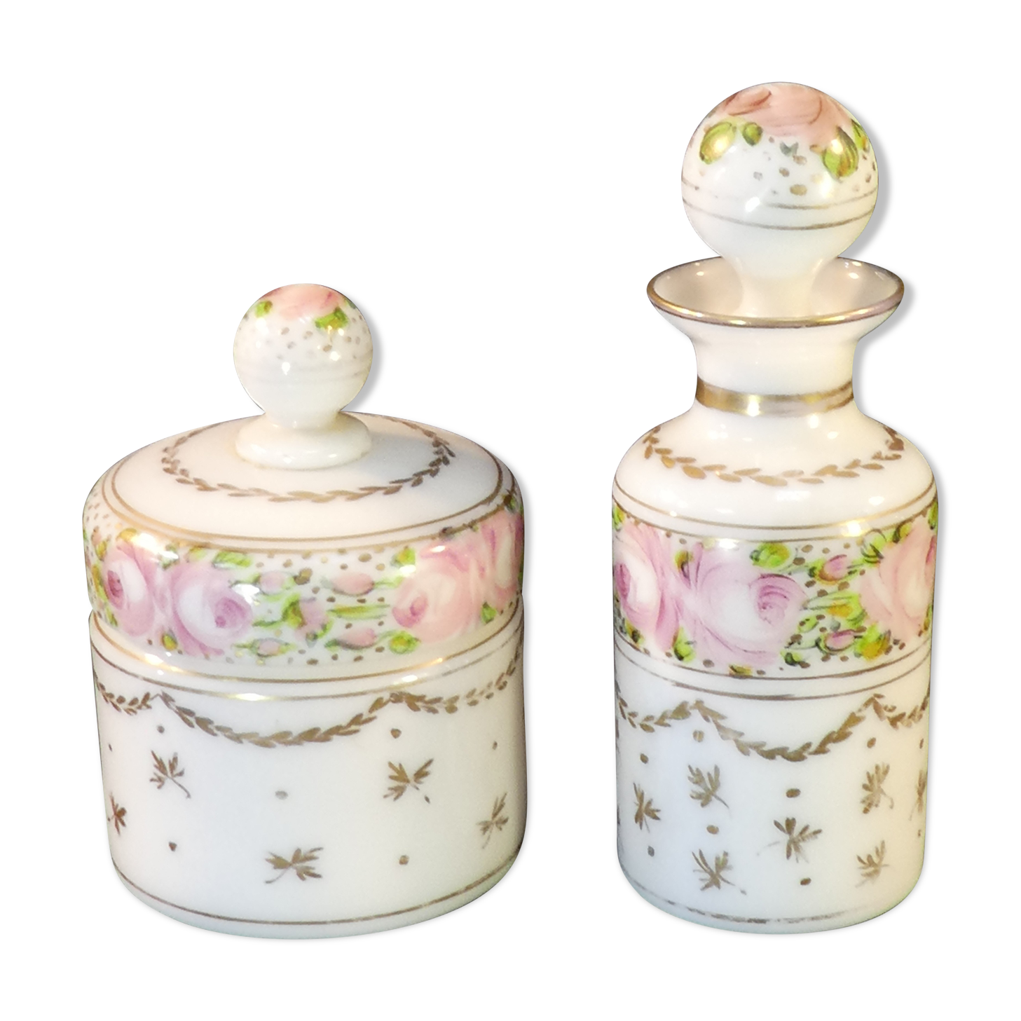 2 Old toilet bottles in Opaline NAPOLEON 3 hand painted