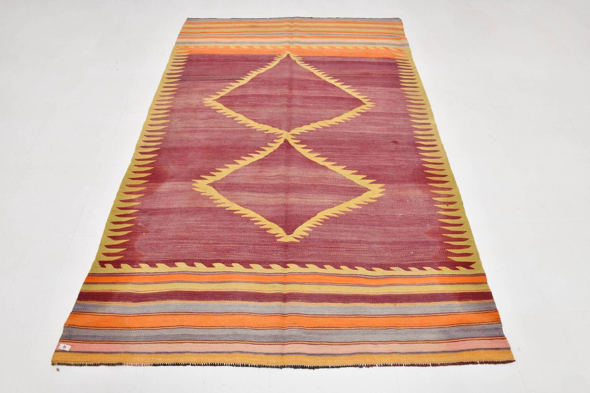 Wine Red & Orange Mid Century Modern Wool Kilim Rug, 153x239 Cm