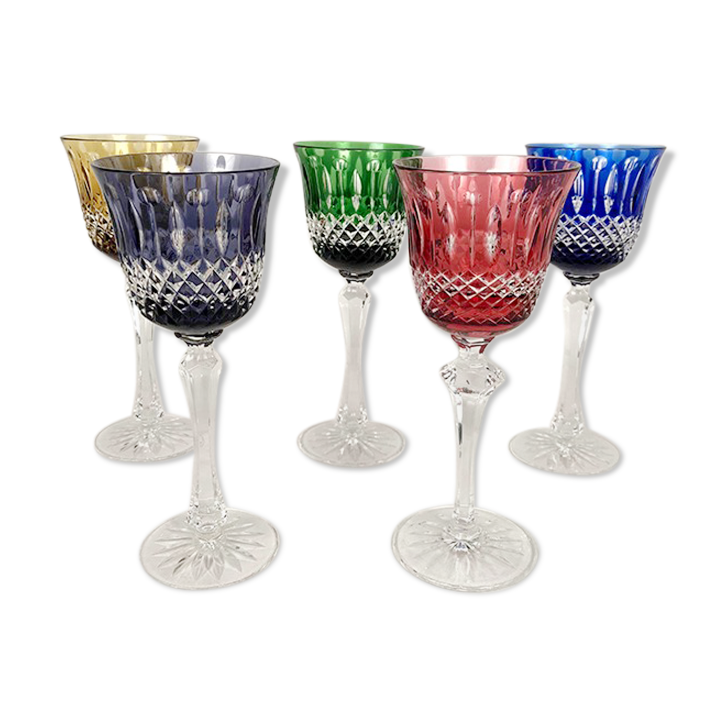 Set of five large colored crystal foot glasses