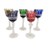 Set of five large colored crystal foot glasses