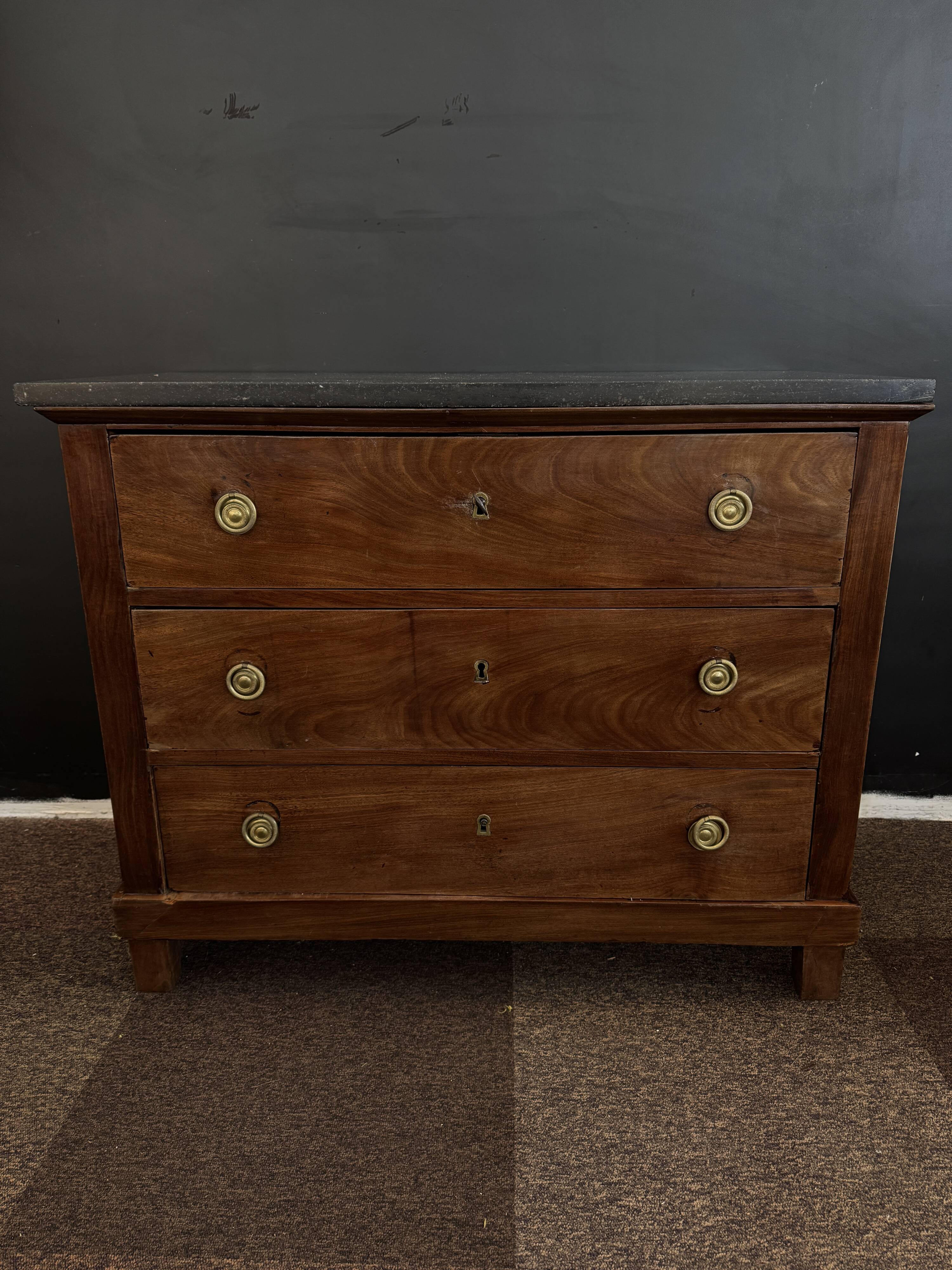 Empire style chest of drawers with 3 drawers and marble top - solid mahogany