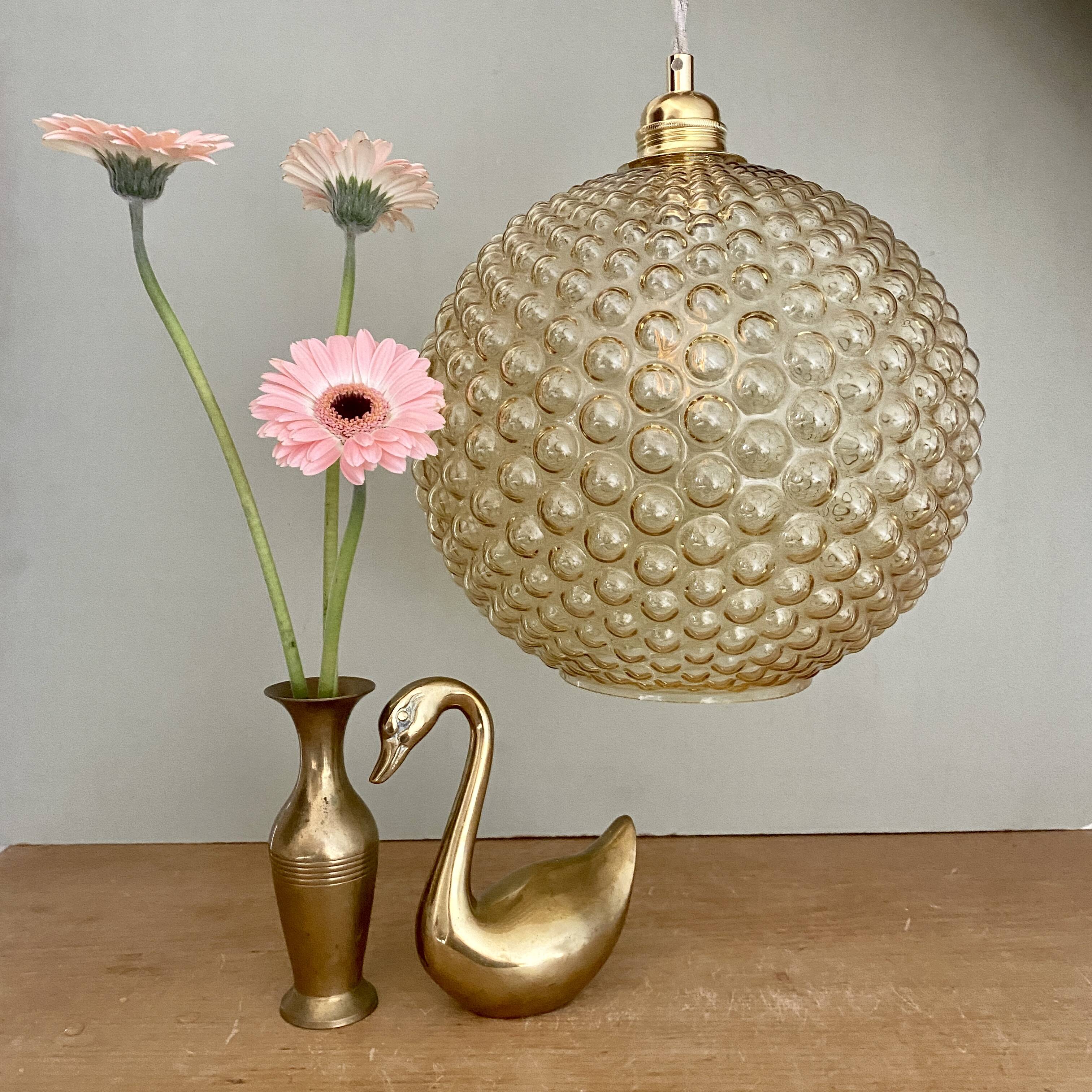 XXL vintage bubbled amber glass globe pendant light