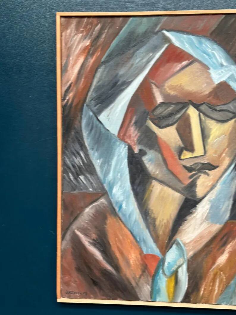 Original Swedish Oil on Canvas – “Cubist Woman Portrait” by Jan Pålsson – Signed – Dated 1980 – Vintage & Framed – 77 × 62 cm