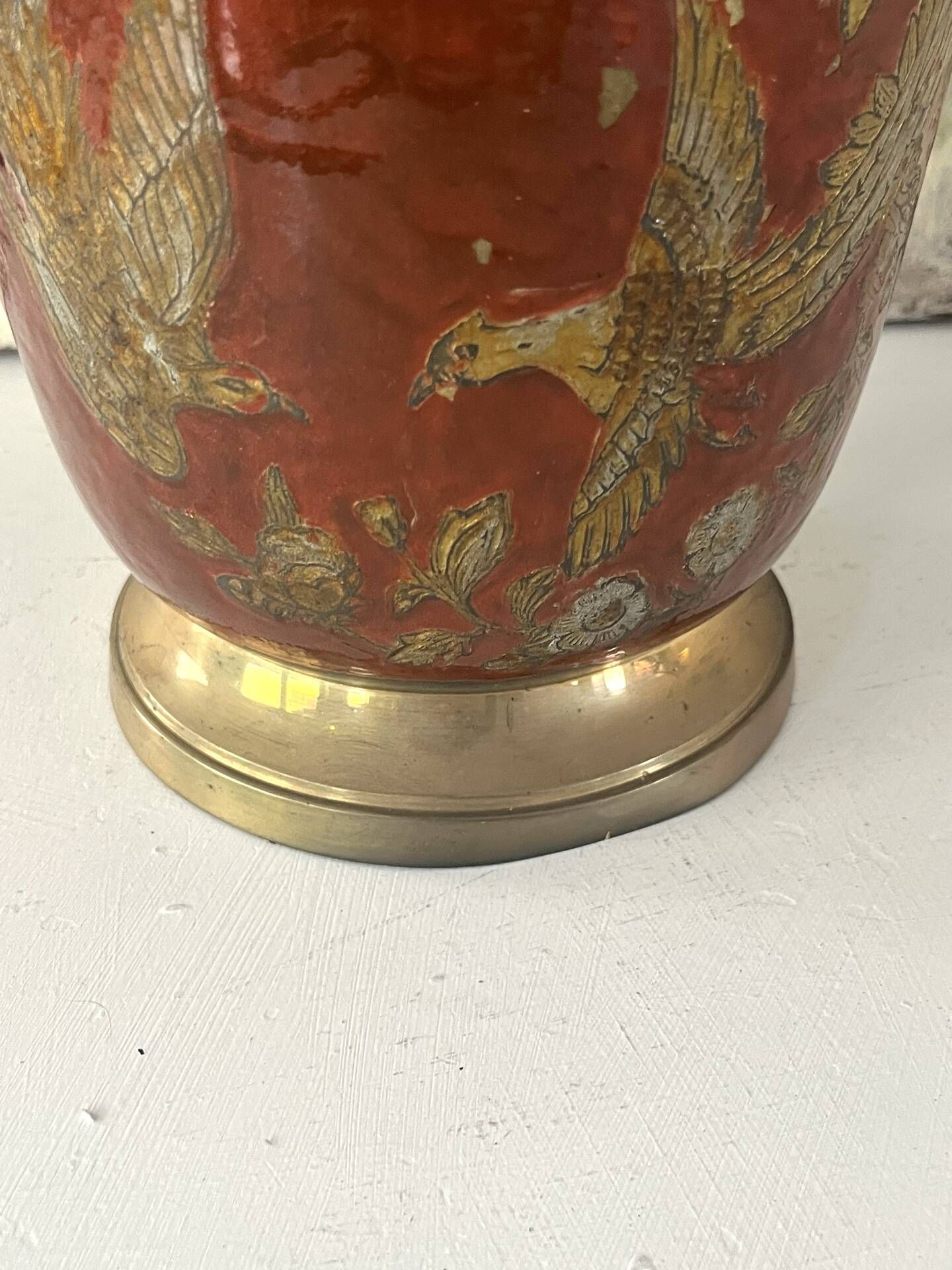 Ice Bucket, Enamel Red and Gold French Brass Champagne Cooler, Vintage