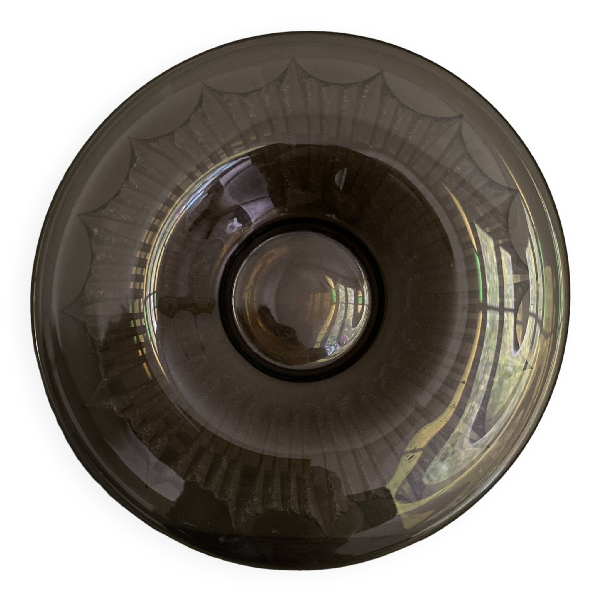 Old Verrex smoked glass fruit bowl, with a radius decoration cut into the glass