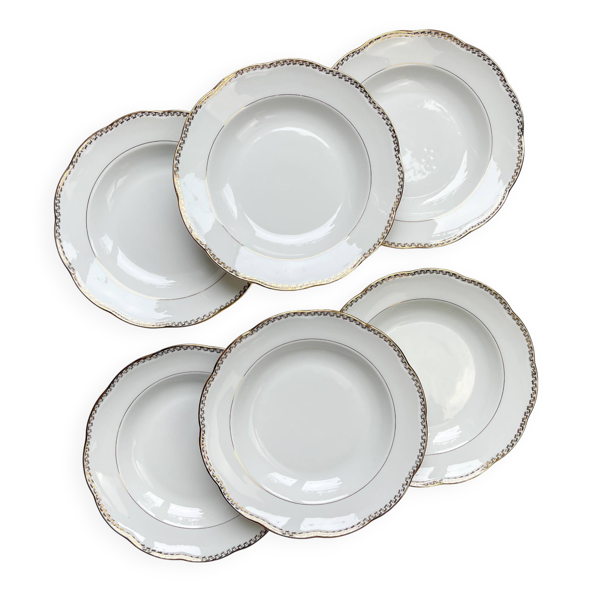6 Vintage French white and gold porcelain soup plates SPF –