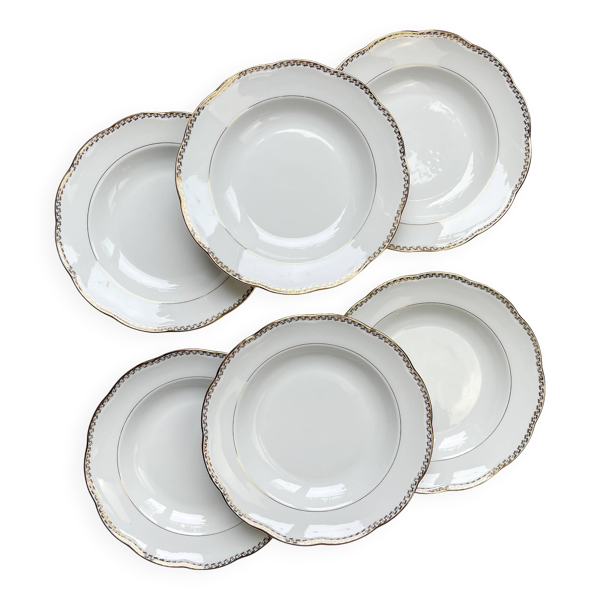 6 Assiettes creuses vintage en porcelaine Française blanche et dorée SPF –