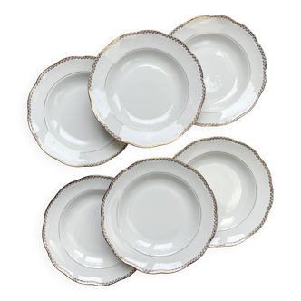 6 Vintage French white and gold porcelain soup plates SPF –