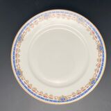 Limoges porcelain flat plates with blue border and small pink flowers