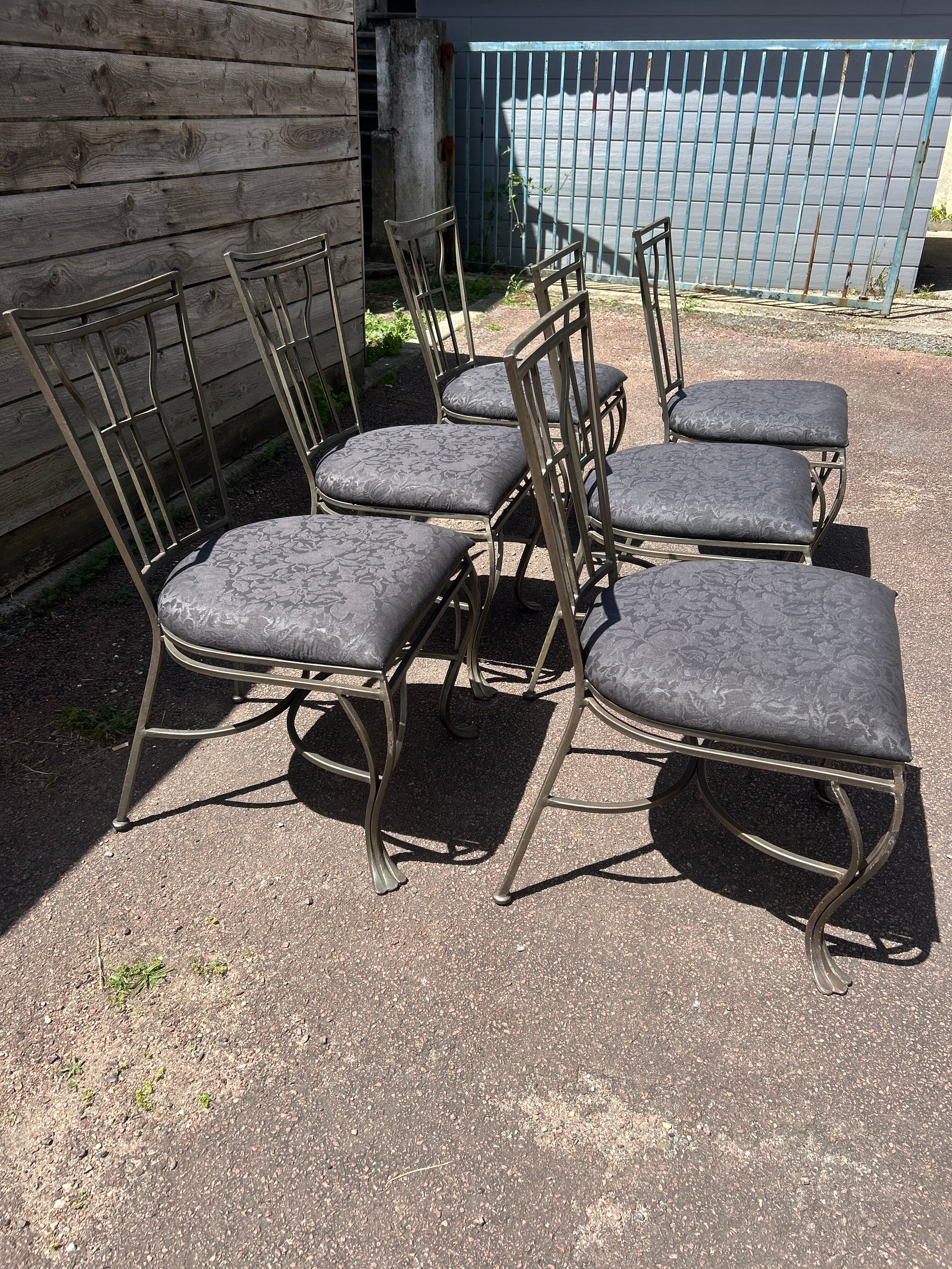 6 wrought iron chairs with fabric seats