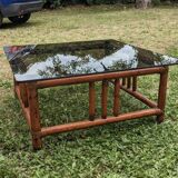 Vintage bohemian chic 70s smoked glass bamboo coffee table