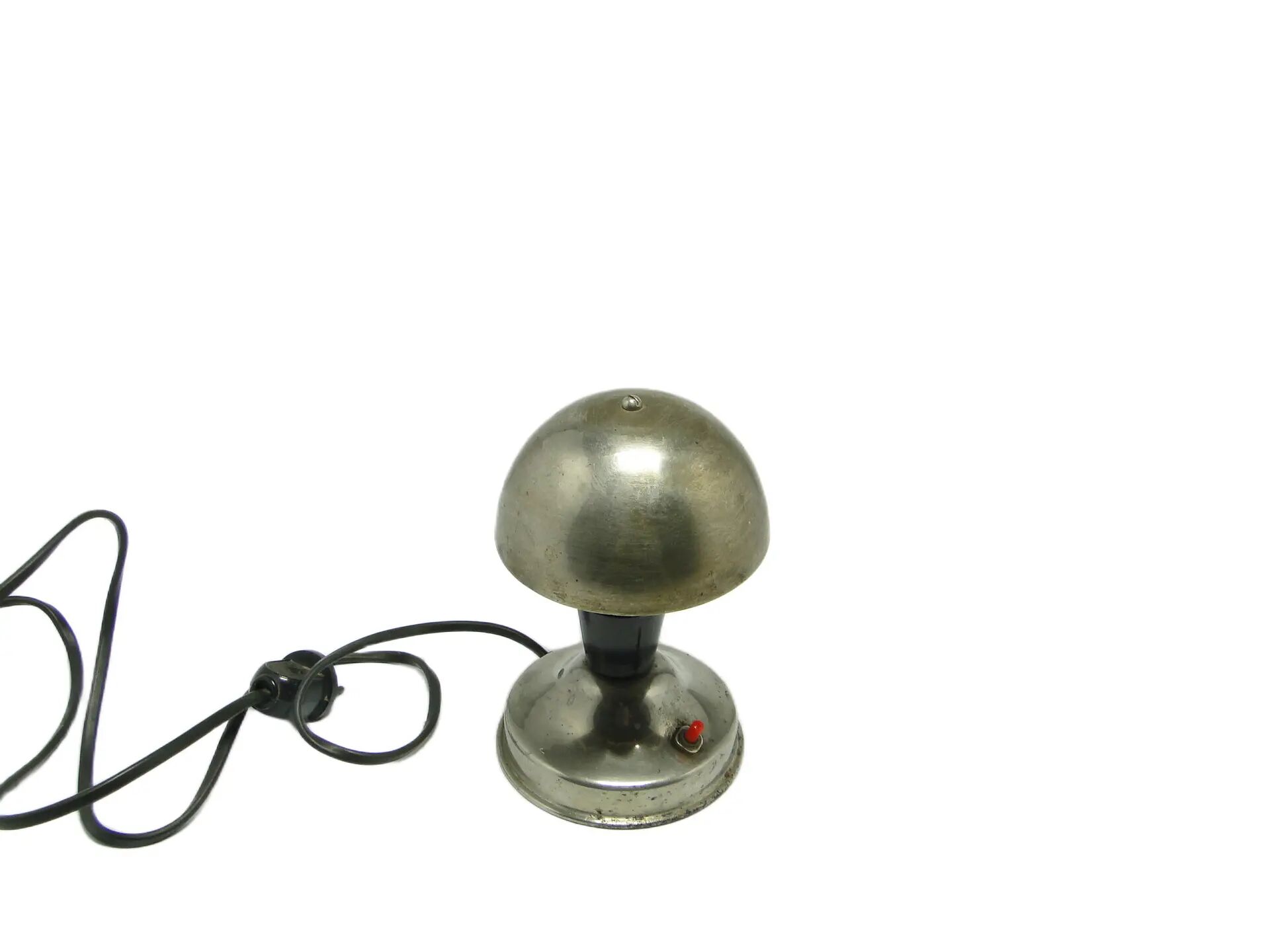 Mushroom table lamp, silver metal, black bakelite, Poland, 1950s