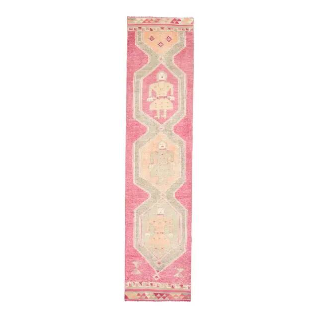 Vintage Turkish Oushak handmade wool cotton pink runner rug 85x370