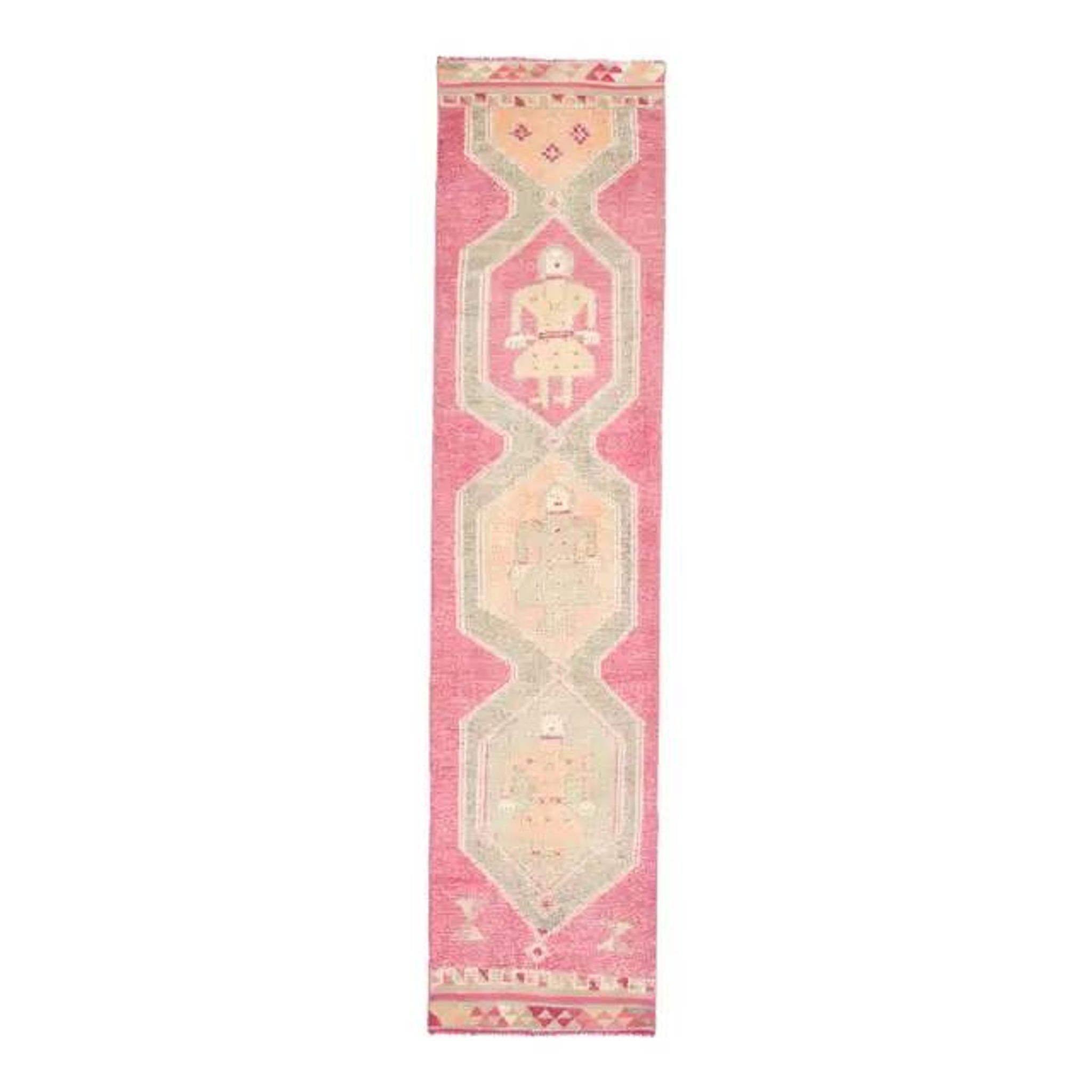 Vintage Turkish Oushak handmade wool cotton pink runner rug 85x370