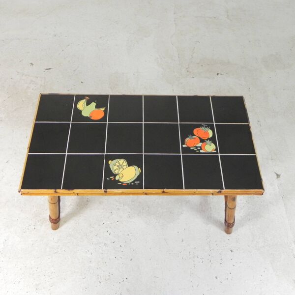 Table basse en rotin et bambou avec carreaux, table à carreaux, années 1950