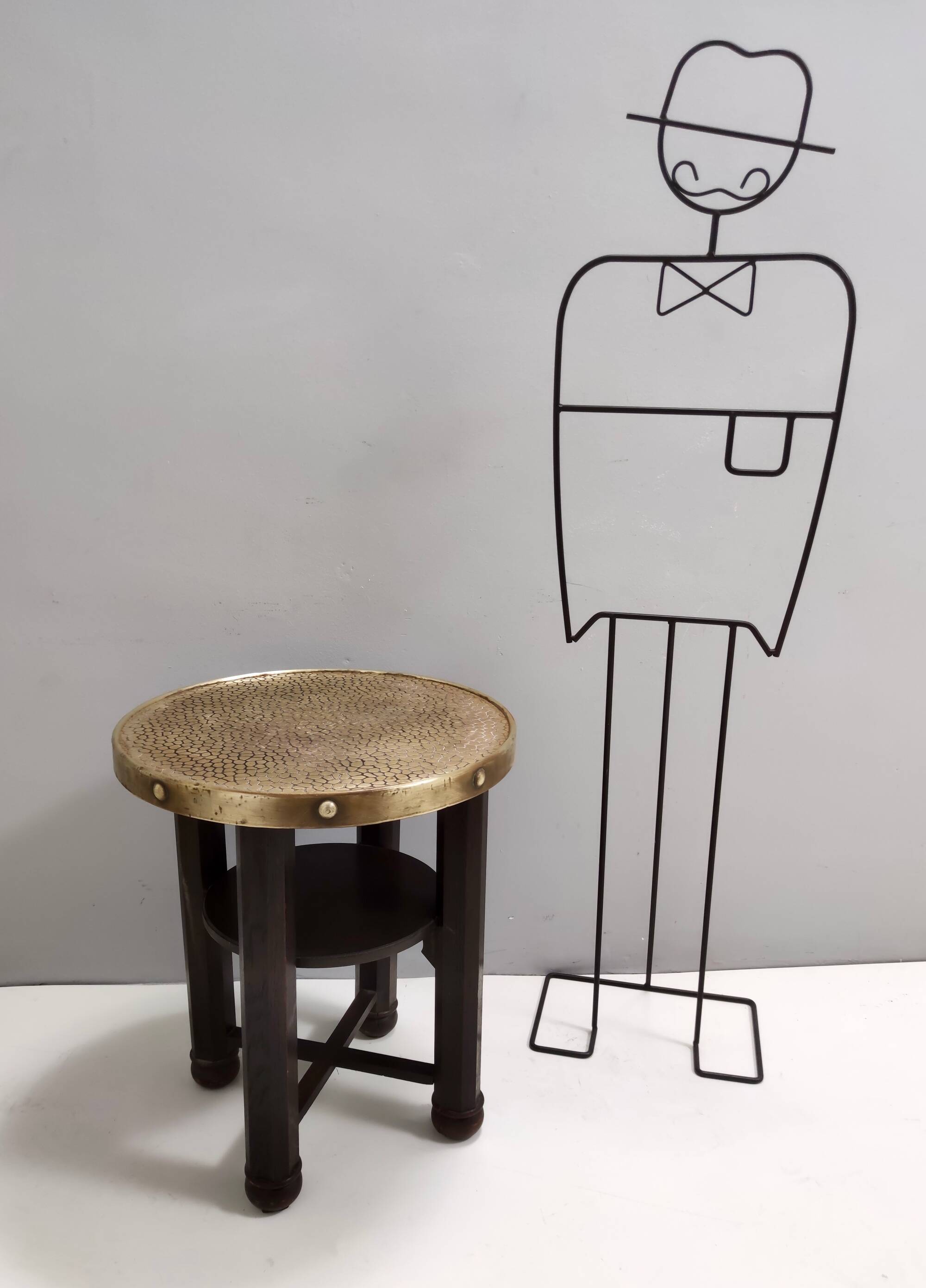 Secessionist Durmast Coffee Table with a Shelf and a Round Brass Top, Austria