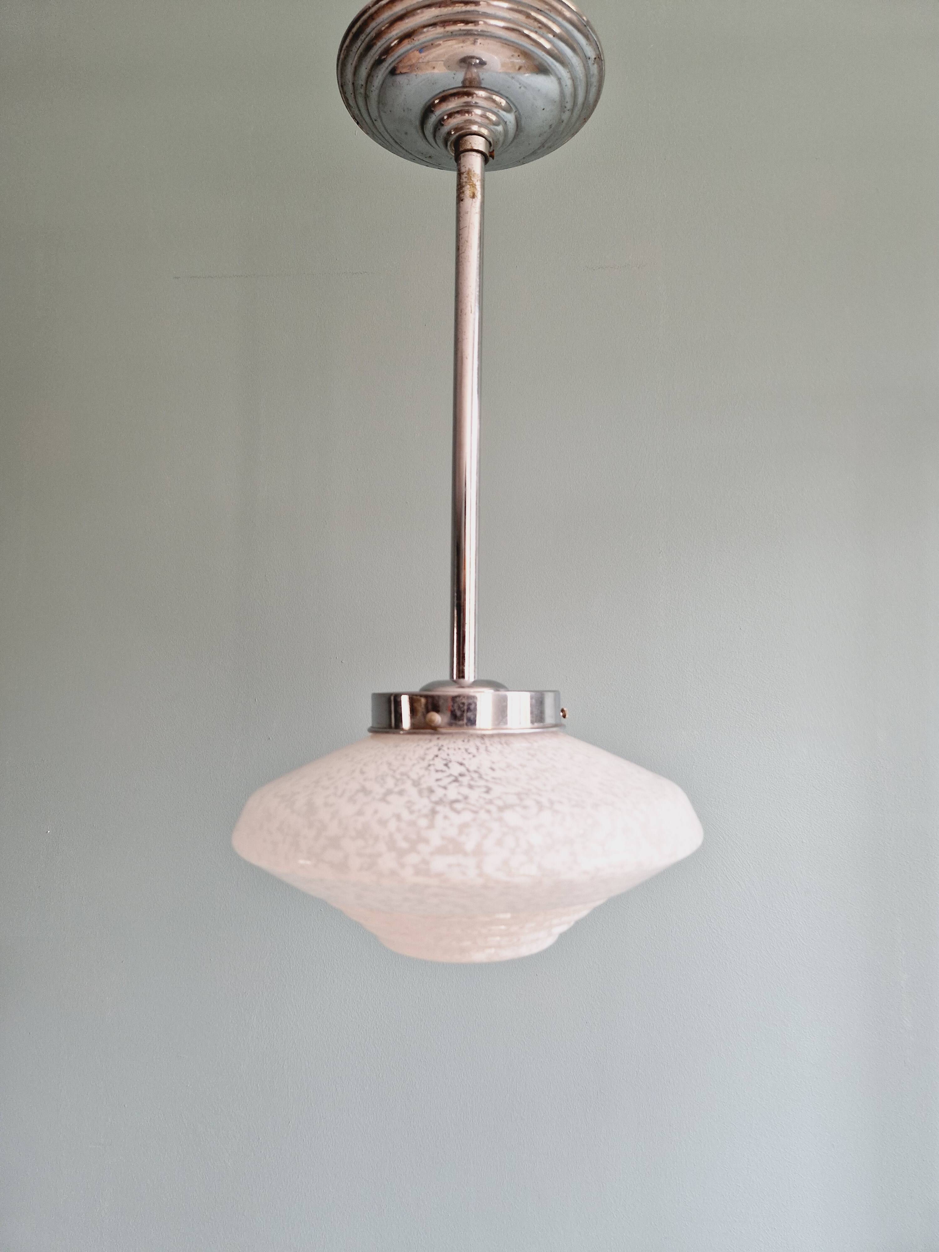 Art Deco pendant light in white speckled glass, 1930s
