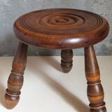 Low tripod stool in vintage turned solid wood