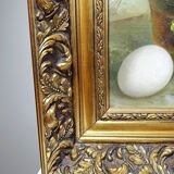 Still life with garlic, egg, and mortar signed Sarpe, 1979, oil on canvas.