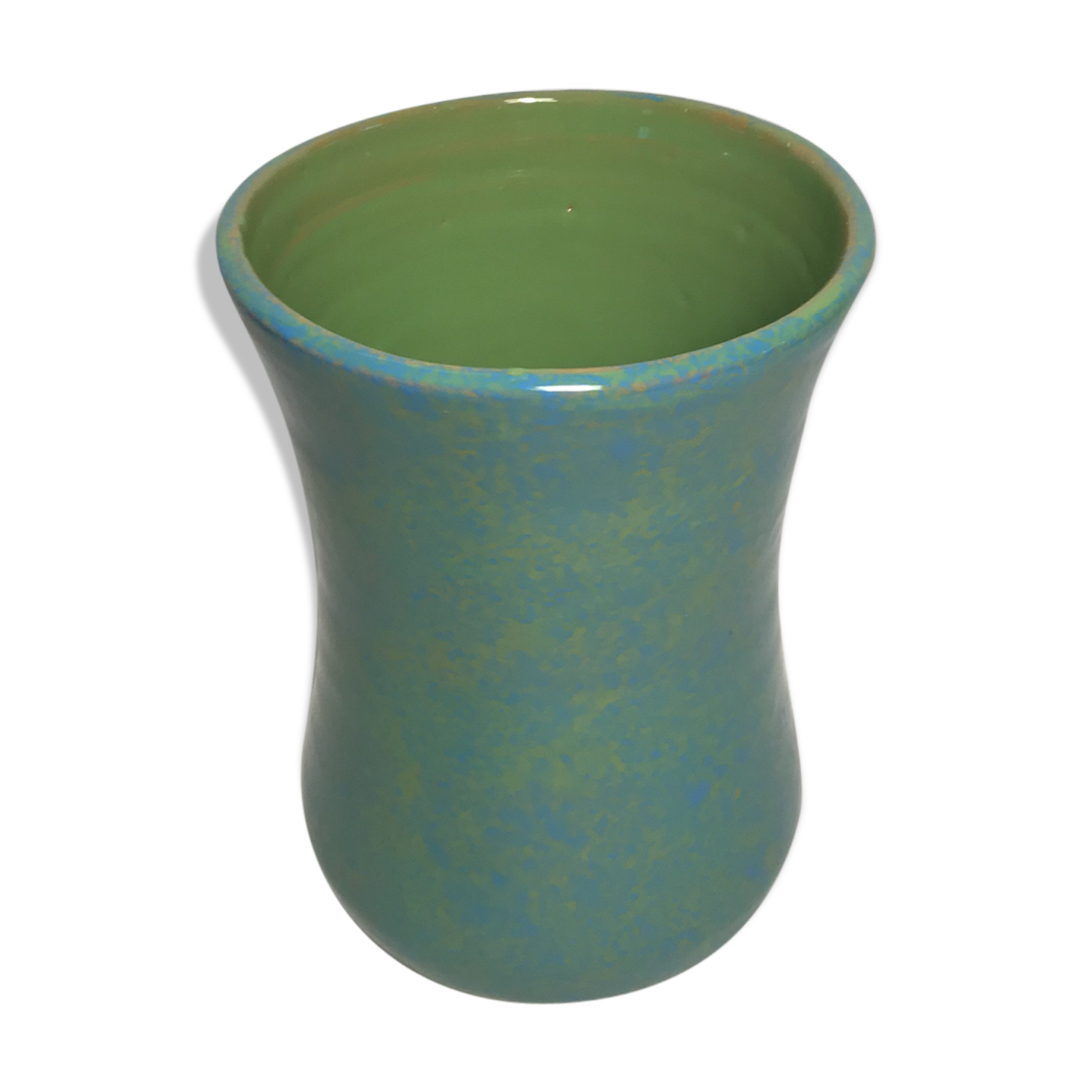 Old green blue decoration ceramic vase signed vintage
