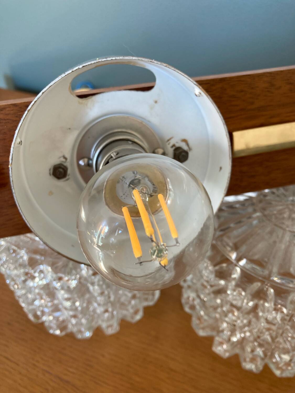 Vintage teak, brass and glass chandelier