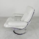 Leolux armchair, swivel chair with white leather upholstery, 1960s