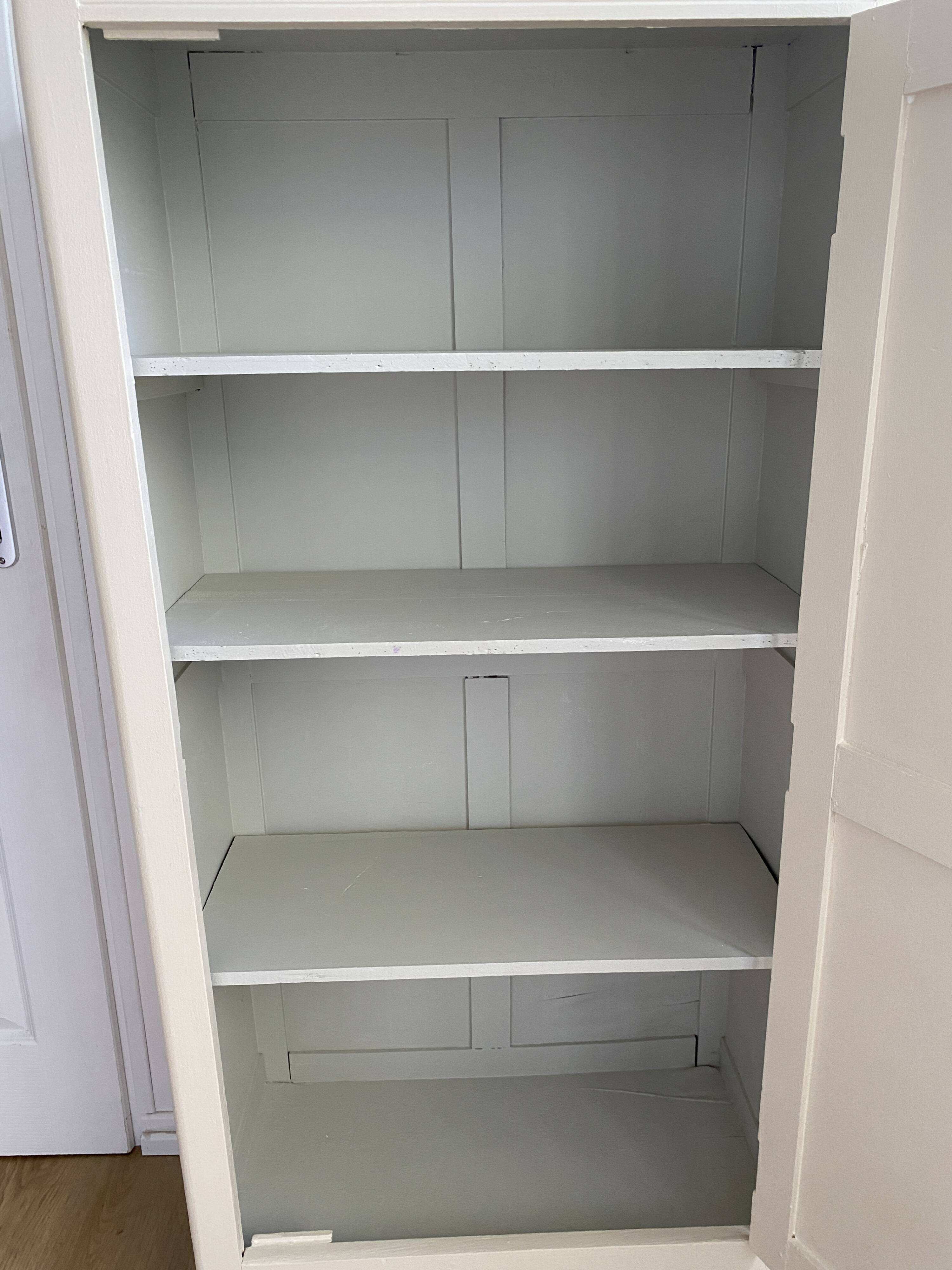 Vintage Parisian wardrobe painted in linen white, one door, three shelves