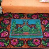 Vintage Romanian rug with deers, nature scenery on a floral background