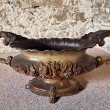 Grande jardinière ancienne en fonte sur pied, patine brun-or, France, vers 1900