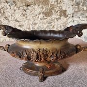Large antique cast iron planter on a stand, brown-gold patina, France, circa 1900.