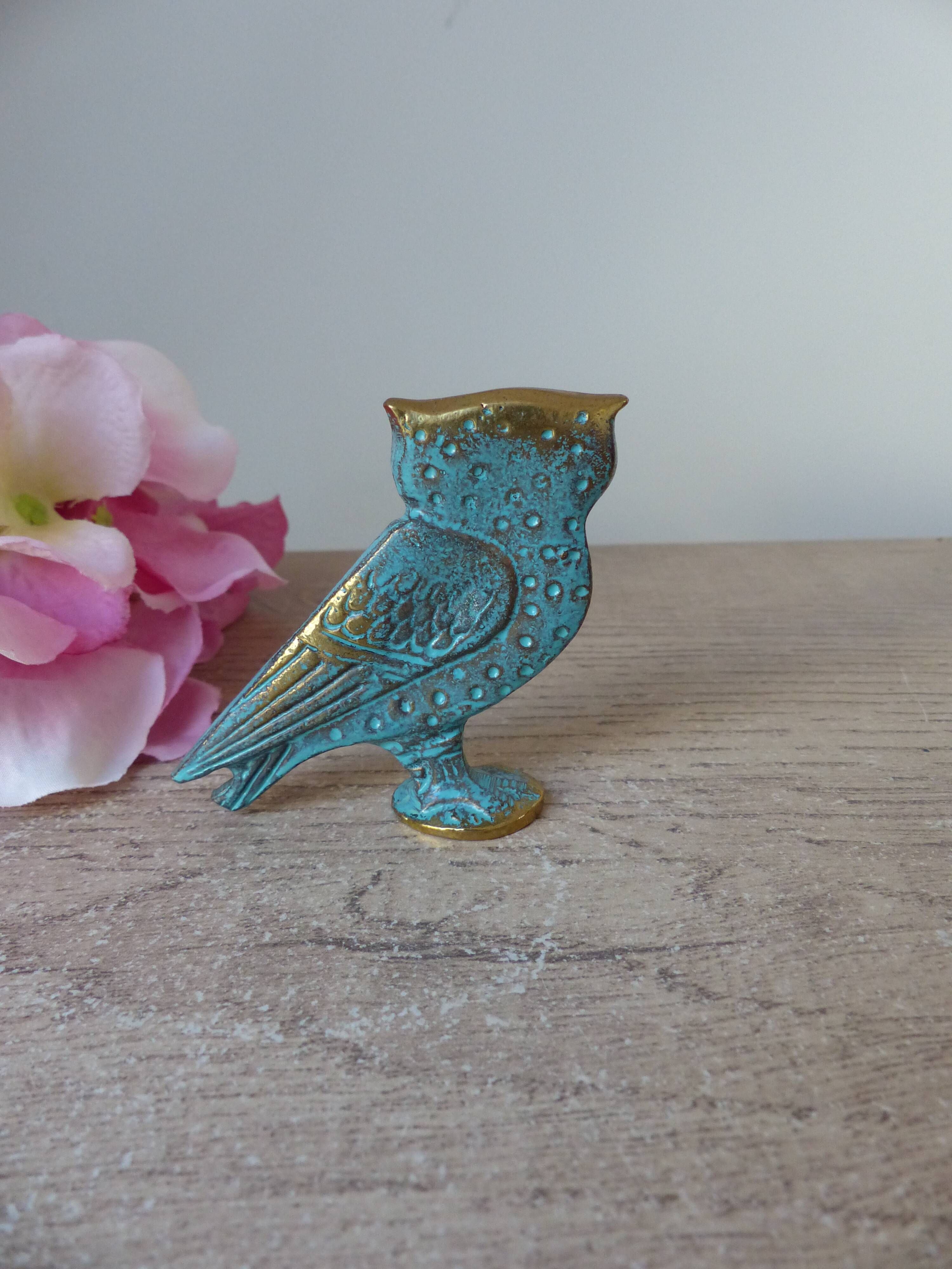 Miniature brass owl figurine with blue eyes, small owl vintage Greek art sculpture