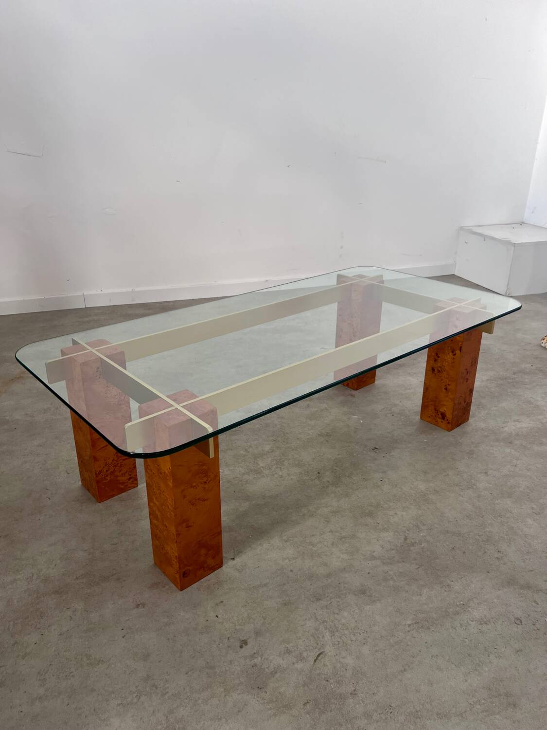 Old glass and burl coffee table Italian design from the 70s vintage
