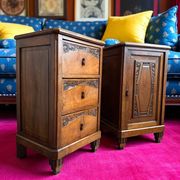 Pair of Art Deco bedside tables from 1930 in carved wood and red marble