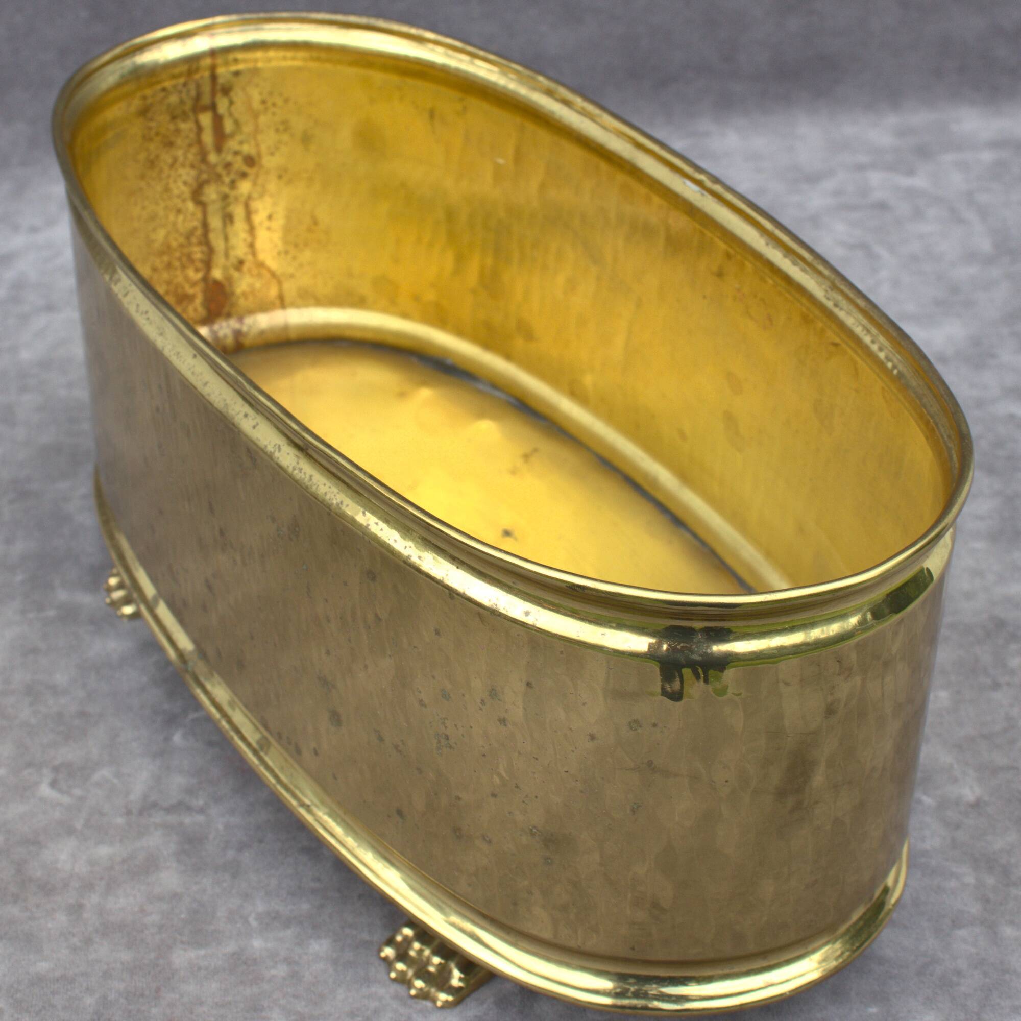 Rectangular brass flowerpot with lion feet made in Belgium