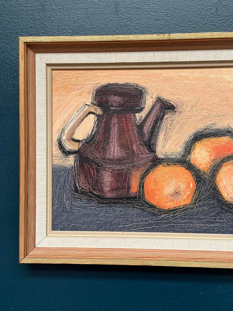 Original Swedish Oil on Panel – "Kattle and Oranges" by Herald – Signed – Dated 1966 – Framed Vintage Piece