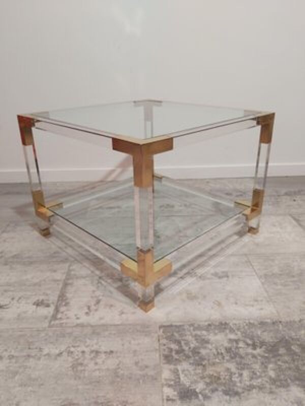 Set de 2 tables basses en verre acrylique et laiton, années 1970