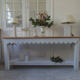 Console with pearl gray patinated base, oak top.