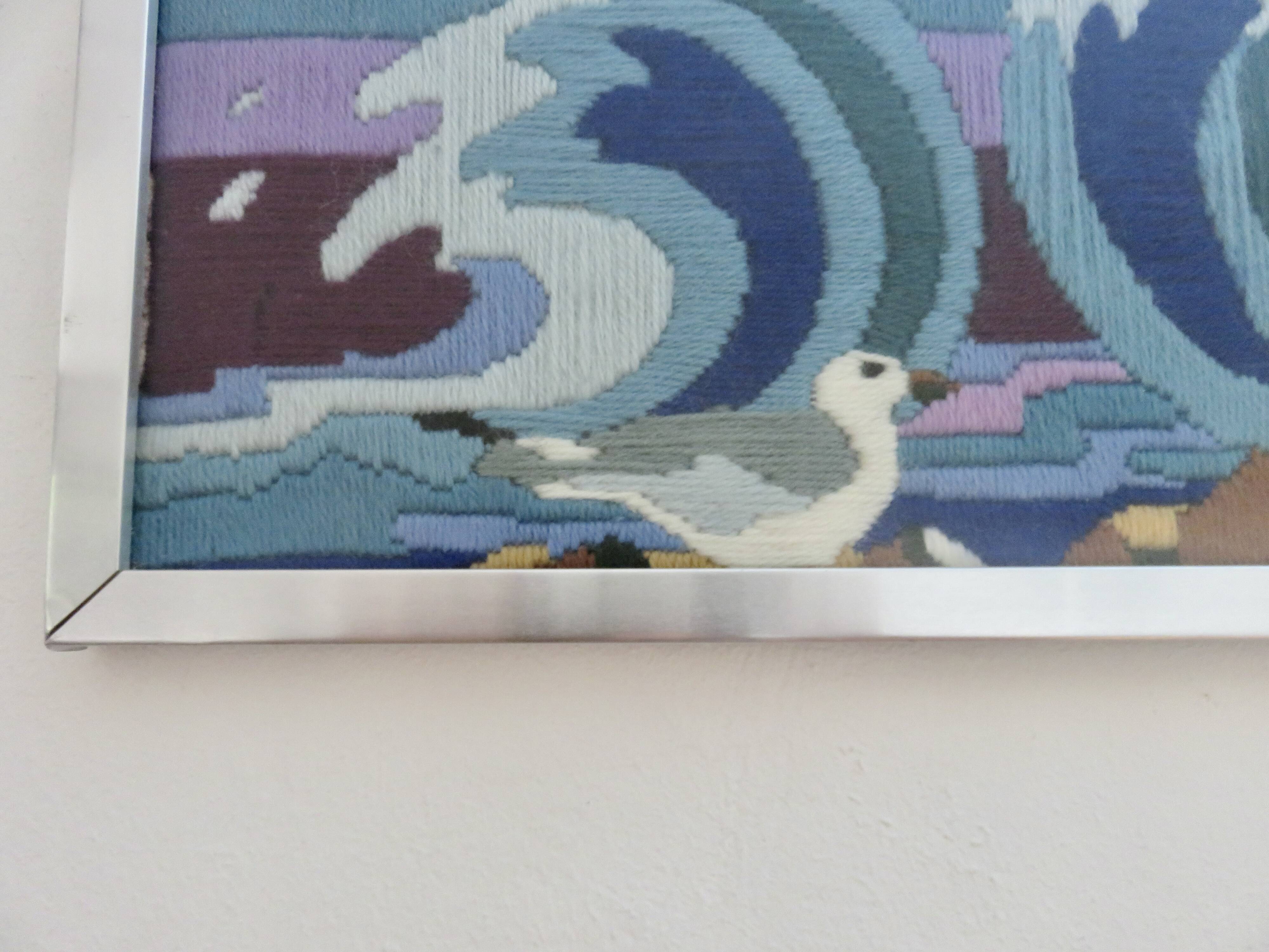 Futuristic tapestry, made of wool, framed, seagulls, ocean, fish, 1970.
