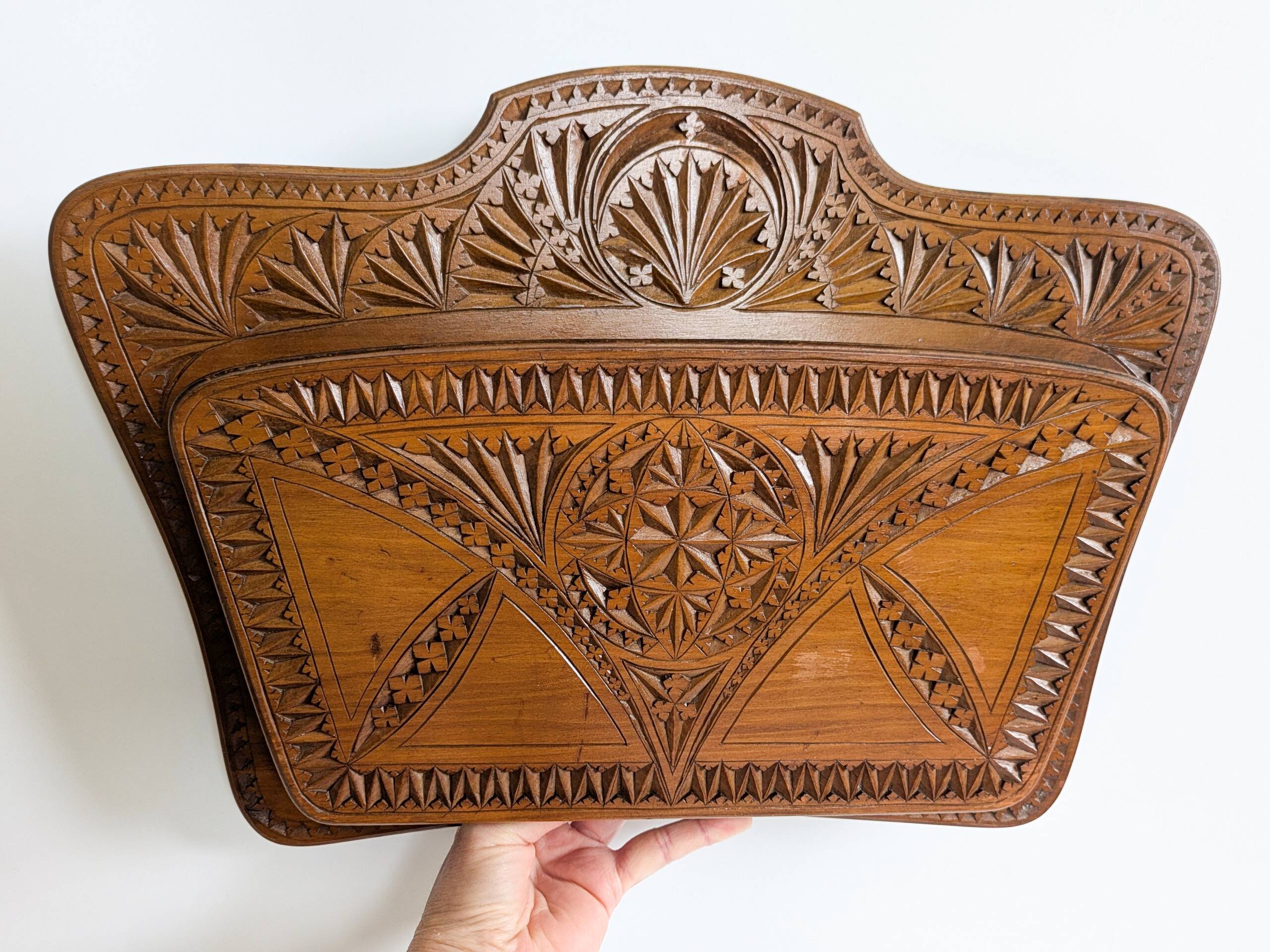 Wall-mounted letter holder, antique carved wood, folk art.