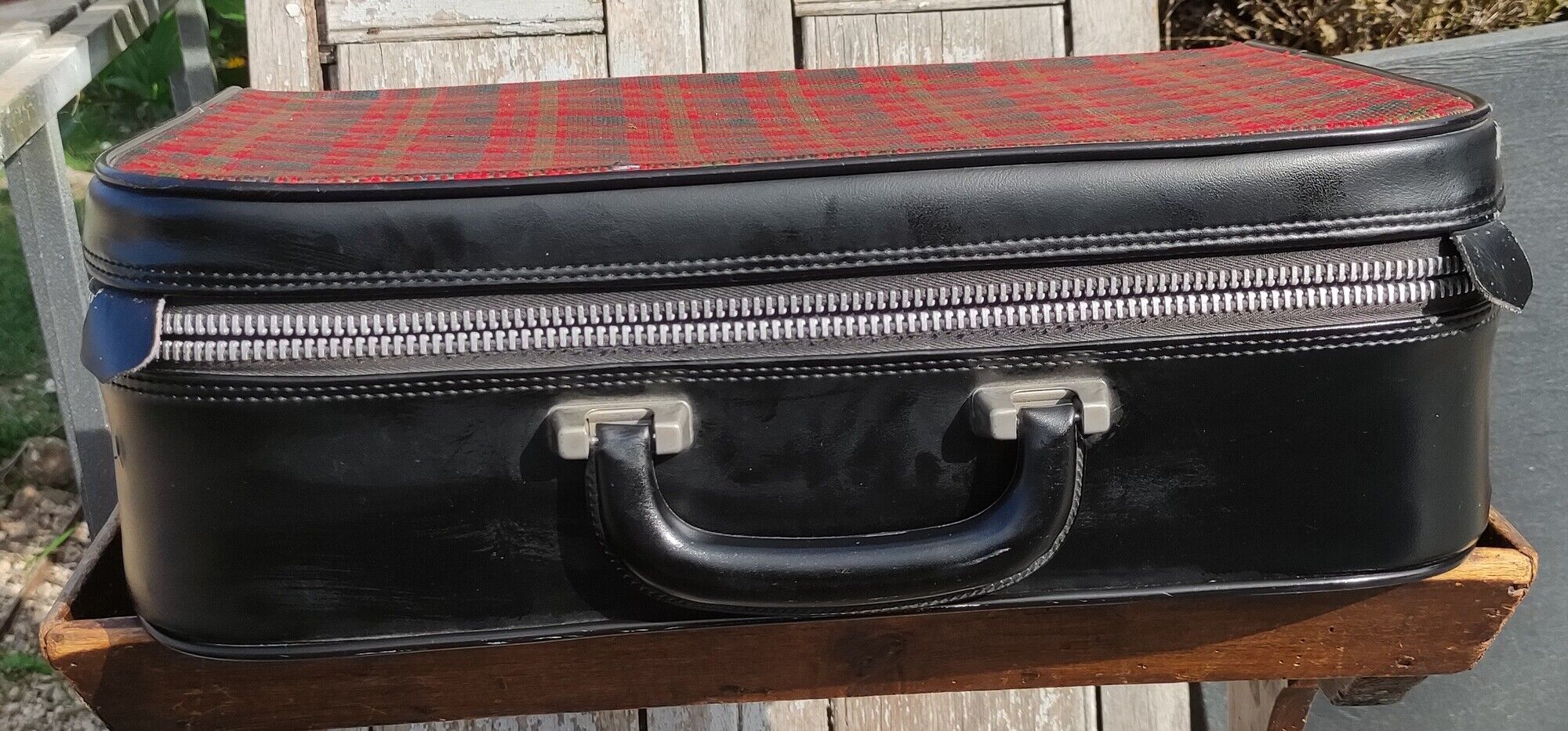 Vintage suitcase in red and skai Scottish fabric