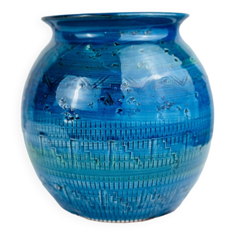 Turquoise blue ball vase in the style of Aldo Londi