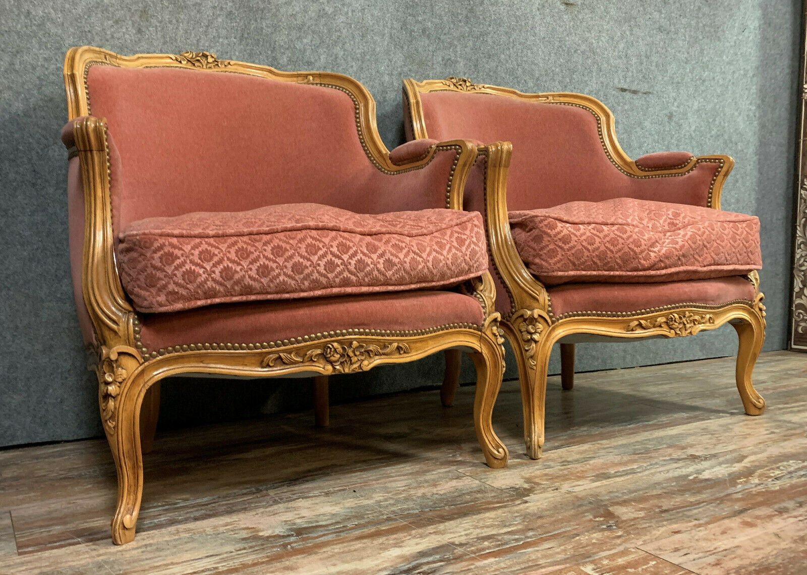 Pair of Louis XV armchairs in light wood around 1900