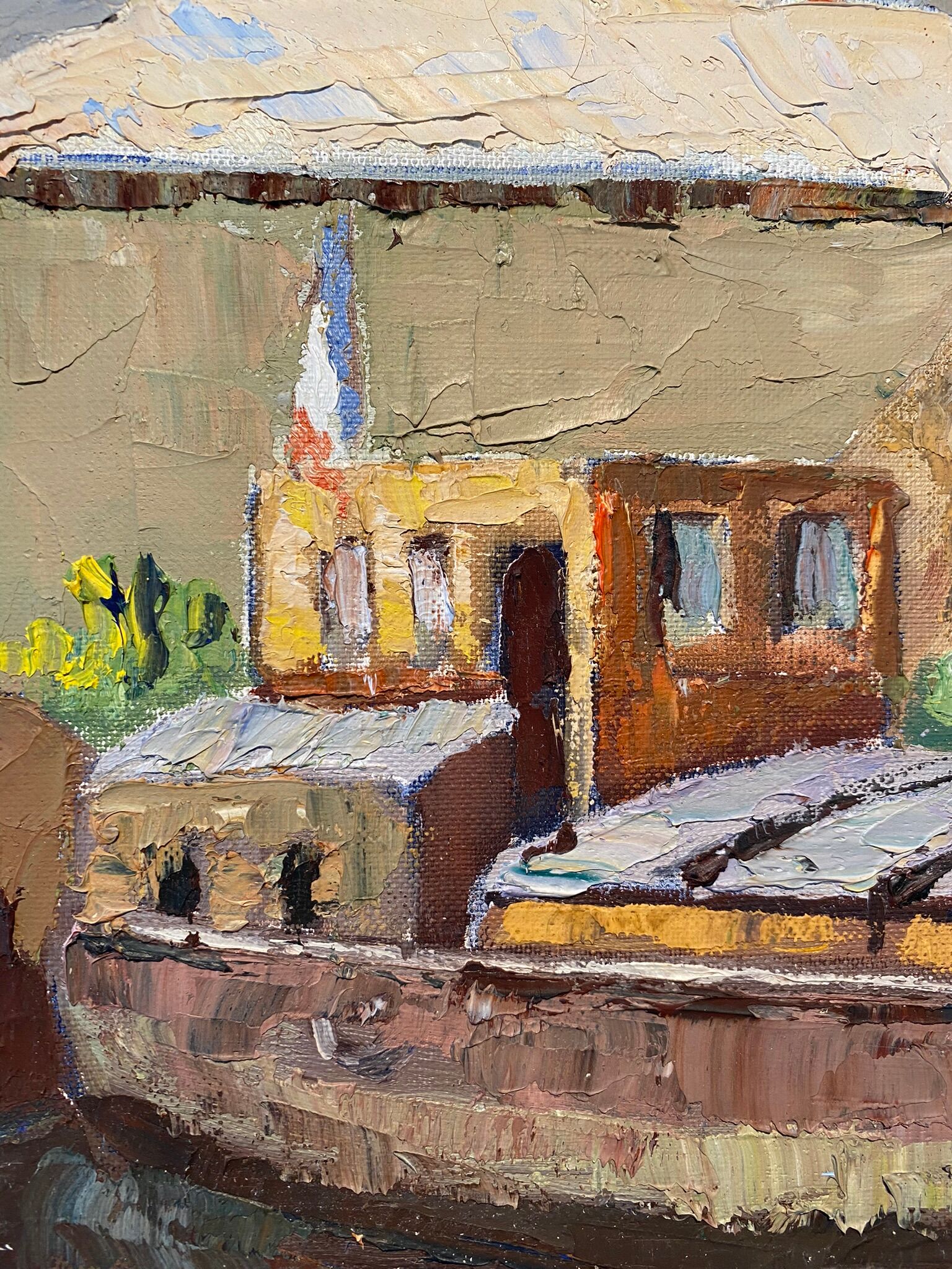 Tableau ancien, péniche à quai, signé Maurice Pannetier, années 70/80