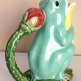 Frog pitcher, glazed ceramic, slipware, signed Athezza Franca