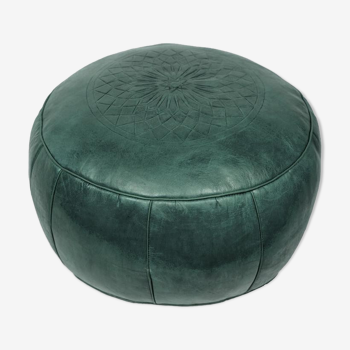 Hand-made green leather Pouf Fes 40 x 25 cm