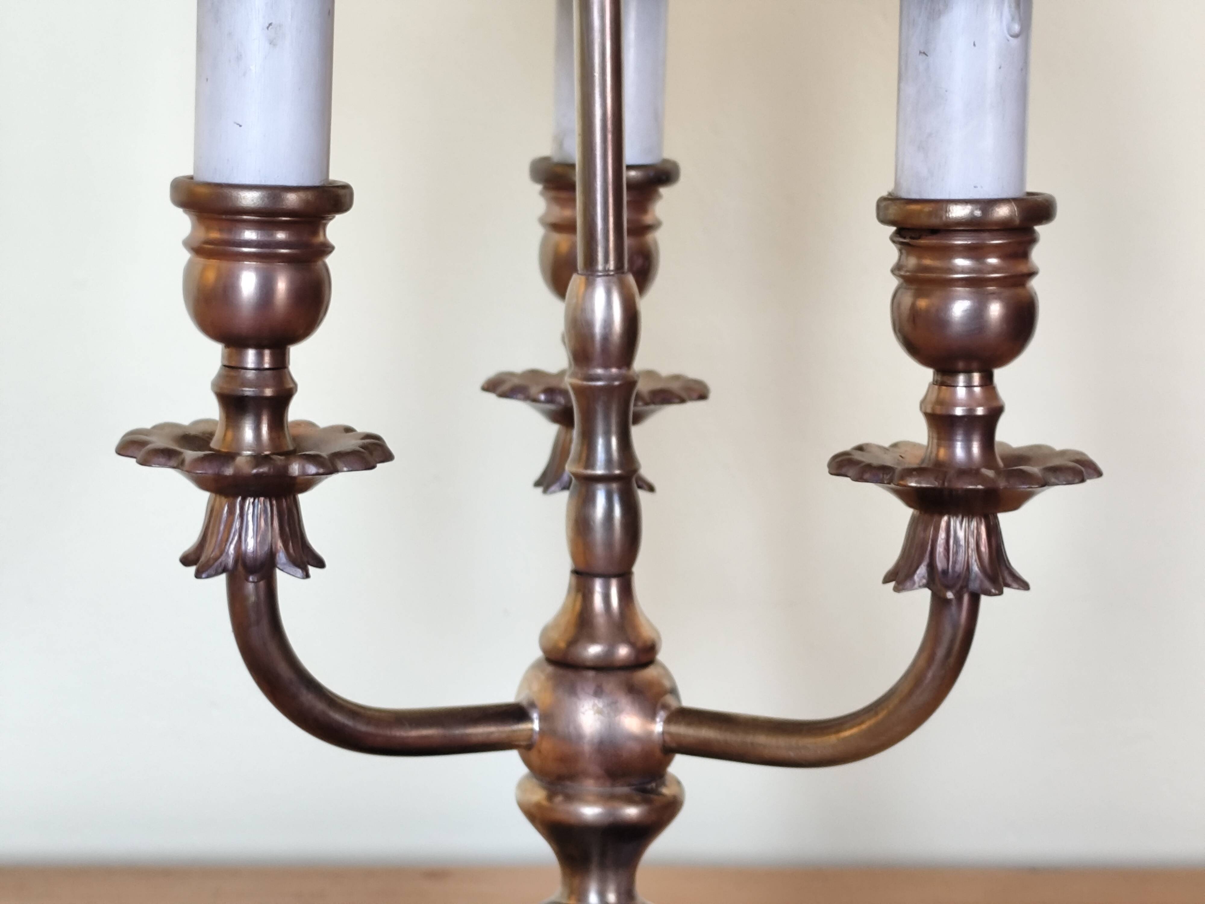 three-light candelabra lamp in metal and gilded brass, bouillotte lamp