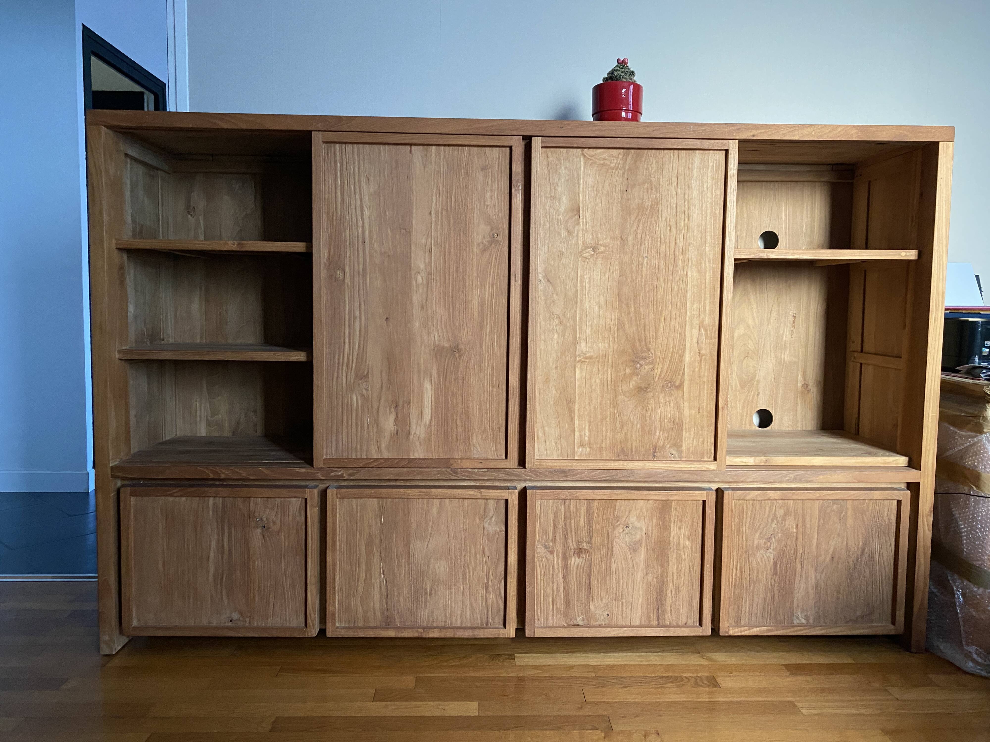 Tv unit with shelves and storage in solid teak