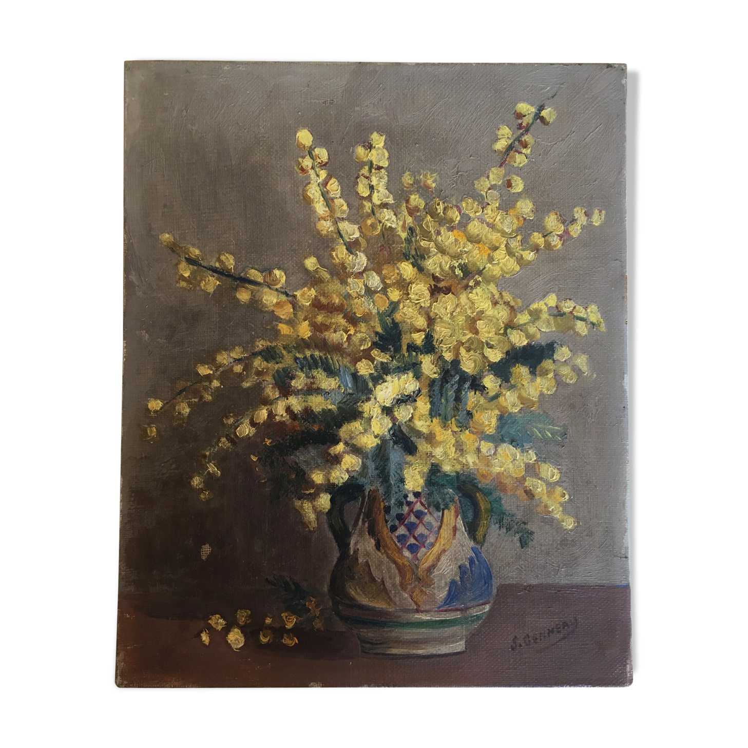 Flowers oil on canvas 50s bouquet of mimosas