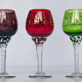 Set of 3 colored wine glasses - Ruby, red, green, gold and twisted foot
