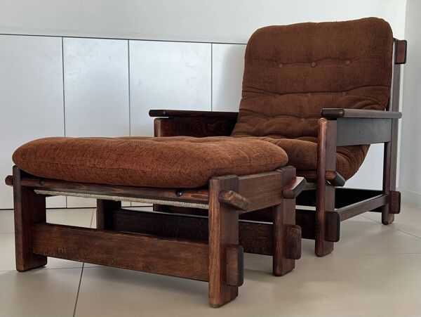 Fauteuil et ottoman scandinaves en chêne, années 60